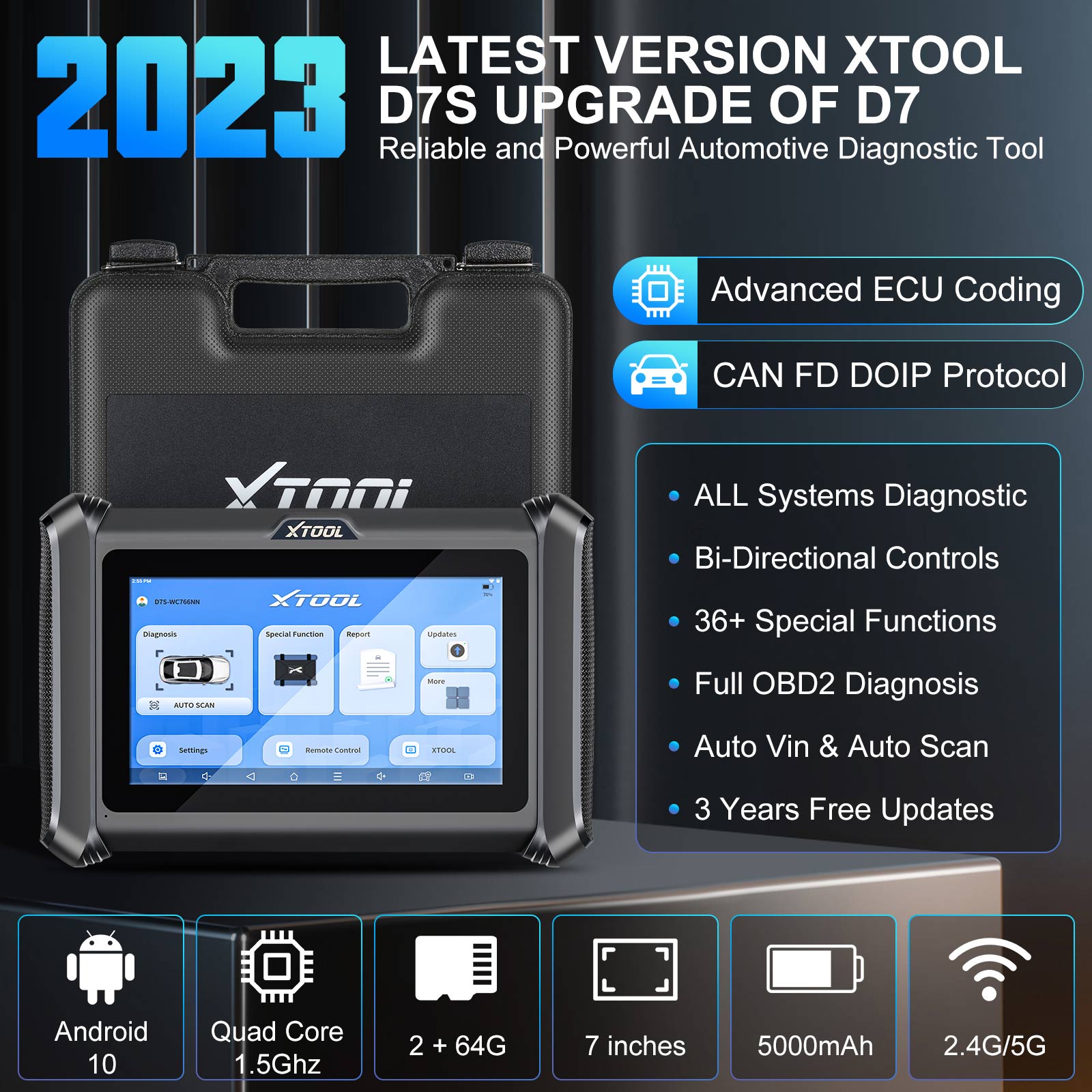 2023 XTOOL D7 Diagnostic Scan Tool, Bi-Directional Control, 36+ Services,  All Systems Diagnostics, Key Programming